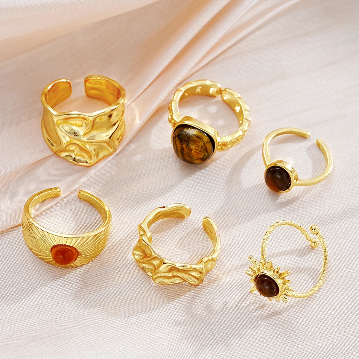 6pcs Sunflower Tiger Eye Stone Ring Set for Women Vintage Irregular Gold Color Aesthetic Open Rings Fashion Party Jewelry Gifts