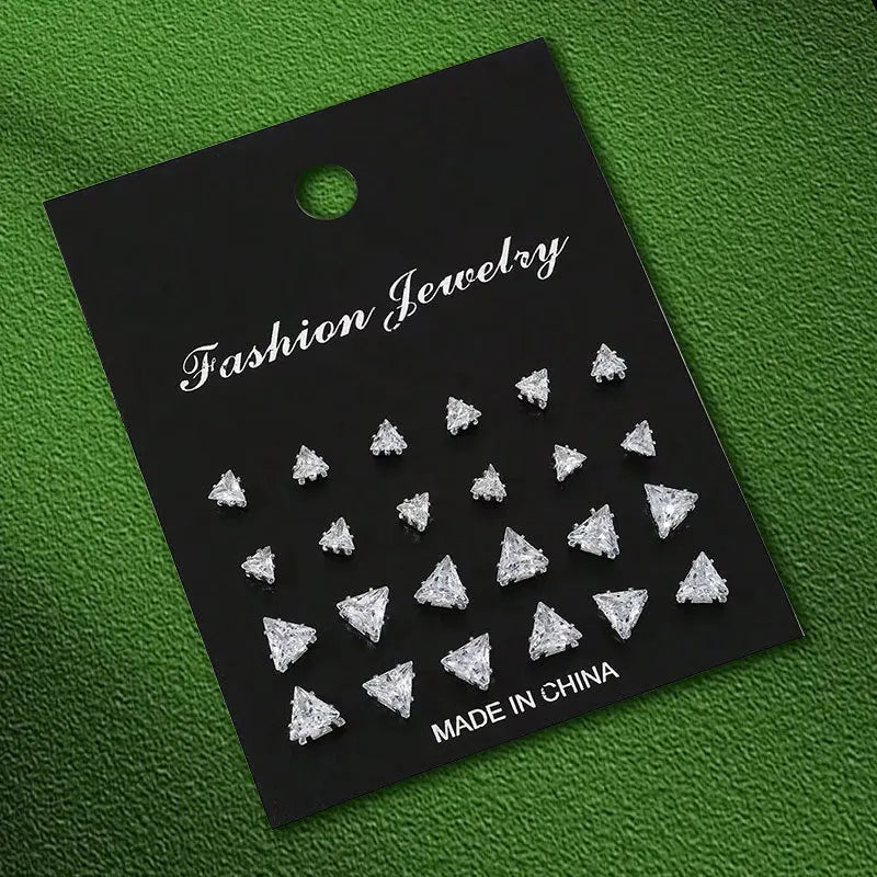 24 Pairs Shiny Zircon Stud Earrings Set for Women Men Daily Versatile Chic Silver Color Crystal Ear Jewelry Accessories