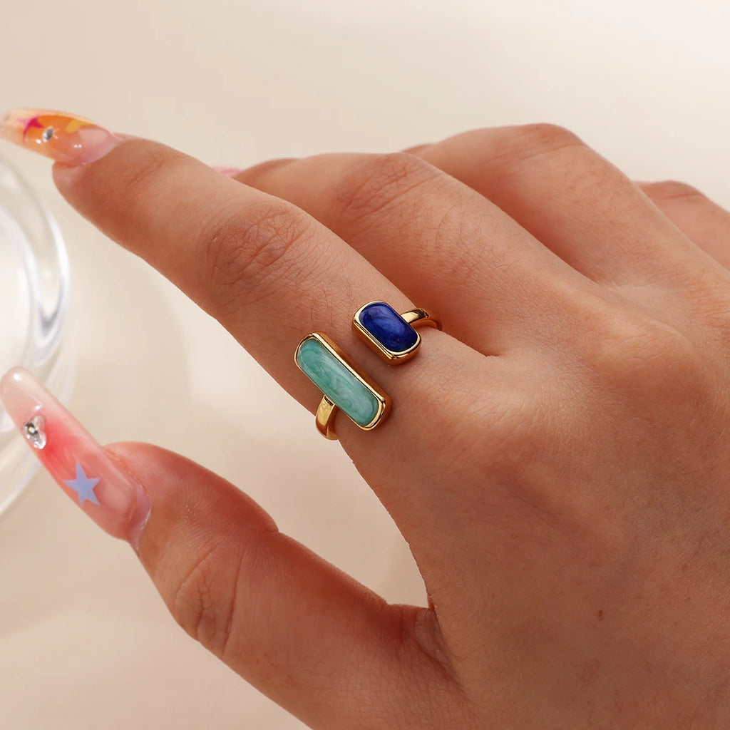 Square Teardrop Double Open Rings For Women Gold Color Stainless Steel Geometric Ring Aesthetic Wedding Christmas Jewelry Gift