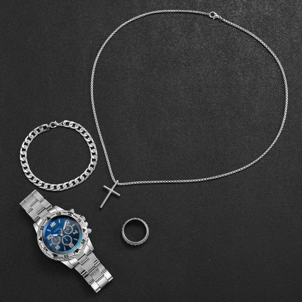 4pcs/set Men's Watches Fashion Arabic Dial Quartz Watch Male's Silver Band Wristwatches Jewelry Set (Without Box）