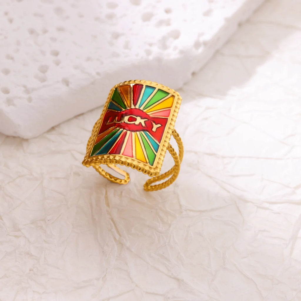 Square Teardrop Double Open Rings For Women Gold Color Stainless Steel Geometric Ring Aesthetic Wedding Christmas Jewelry Gift