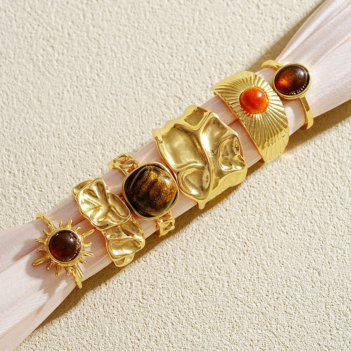 6pcs Sunflower Tiger Eye Stone Ring Set for Women Vintage Irregular Gold Color Aesthetic Open Rings Fashion Party Jewelry Gifts