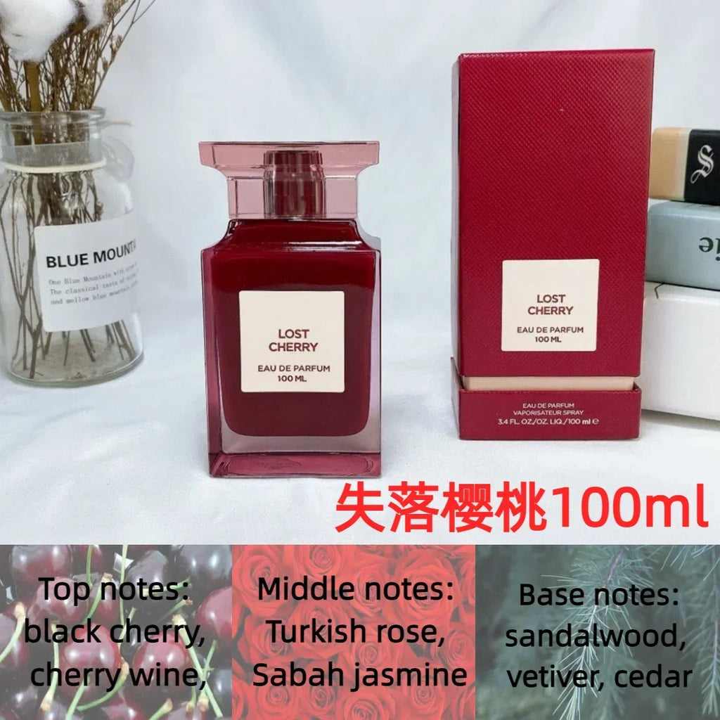 Eau de parfum 100 ml de marque originale pour femme et homme, aux notes boisées, de rose et de cerise, florales, longue tenue.