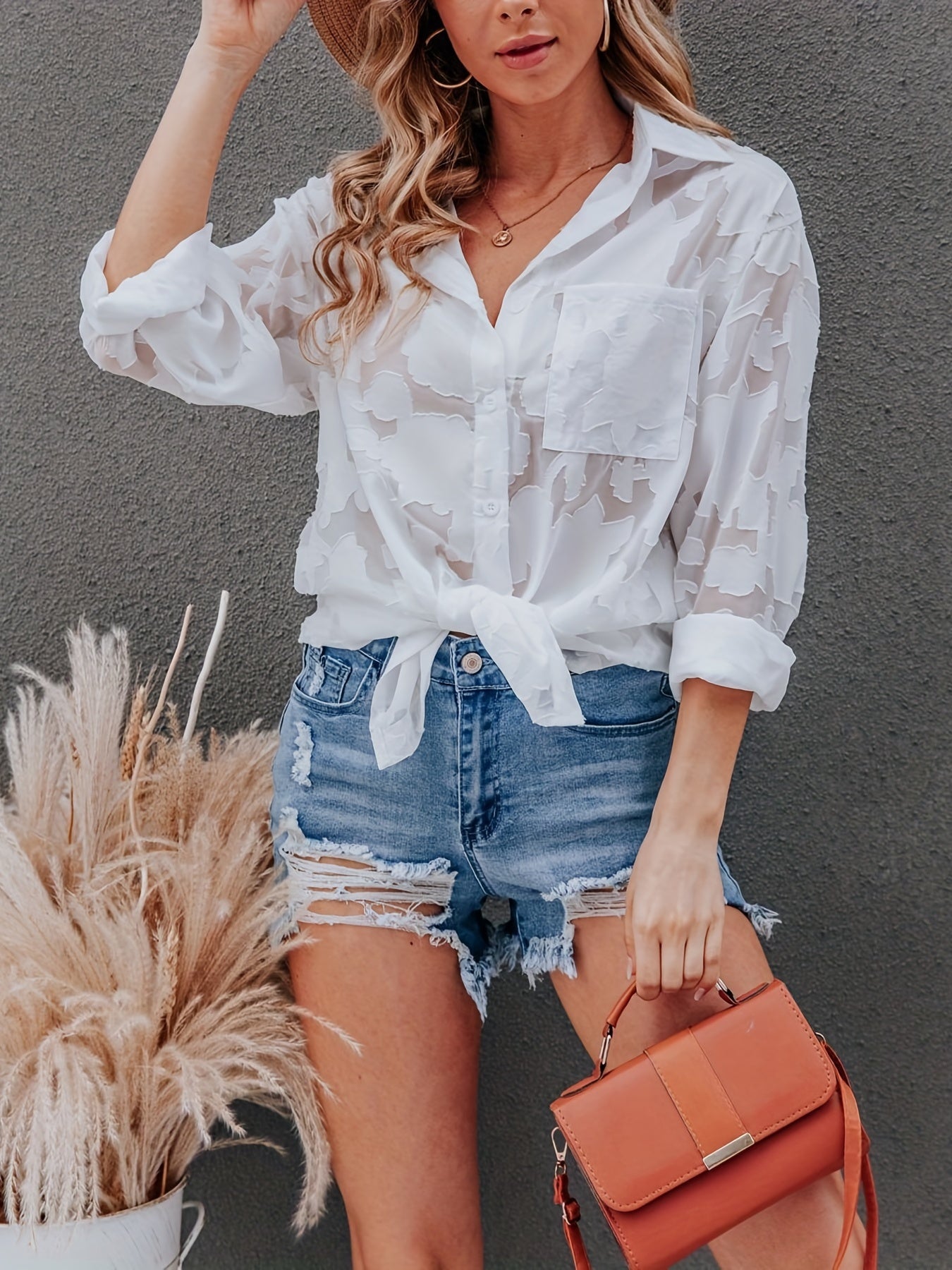 Chiffon V-neck Loose Lapel Blouses, Casual Button Down Long Sleeve Fashion Shirts Tops, Women's Clothing