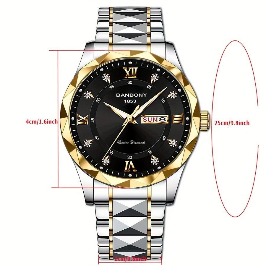 1pc Stainless Steel Strap Men'S Roman Numerals Dial Rhinestones Multifunctional Watch, Ideal for Birthday, Holiday Gifts Valentine'S Day