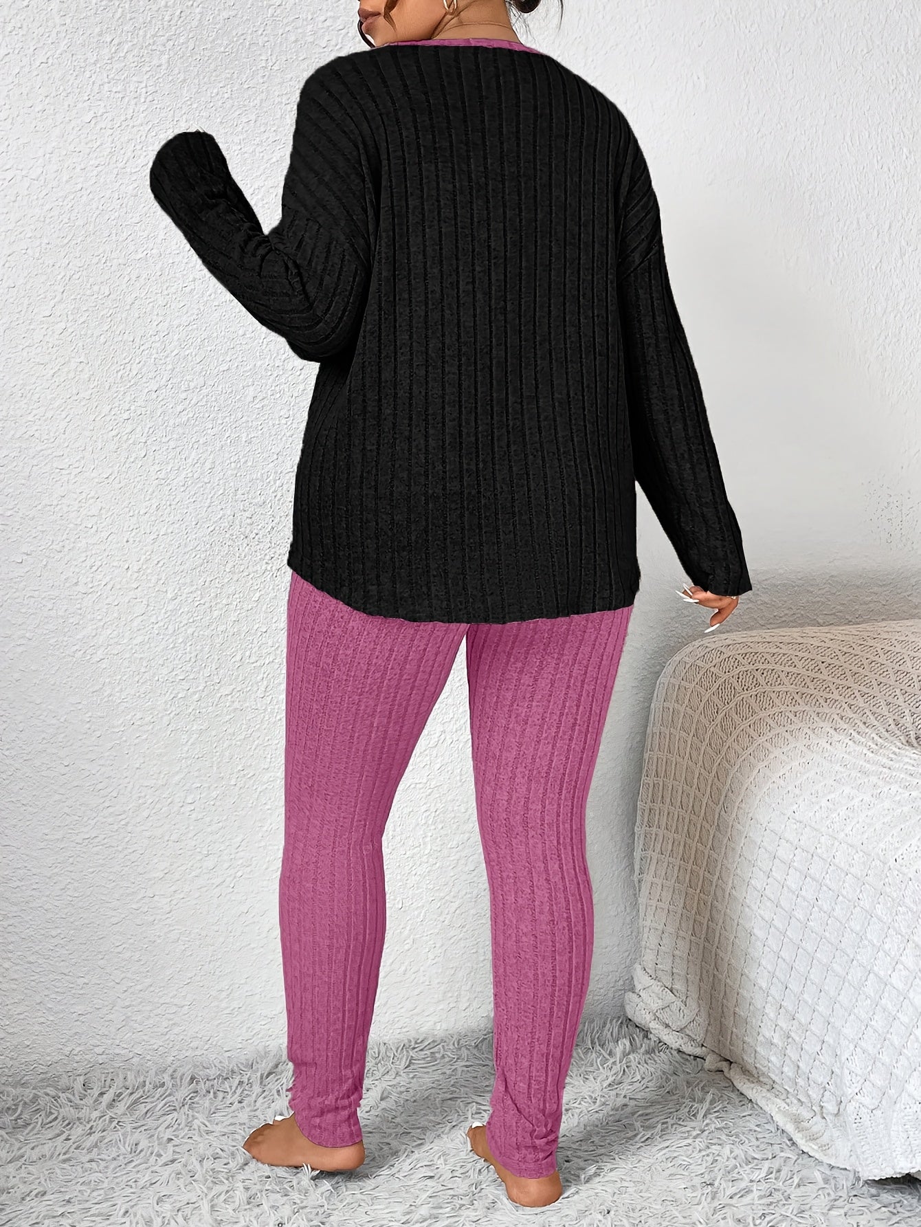 Plus Size Heart Fitted Long Sleeve And Long Pants Loungewear Set