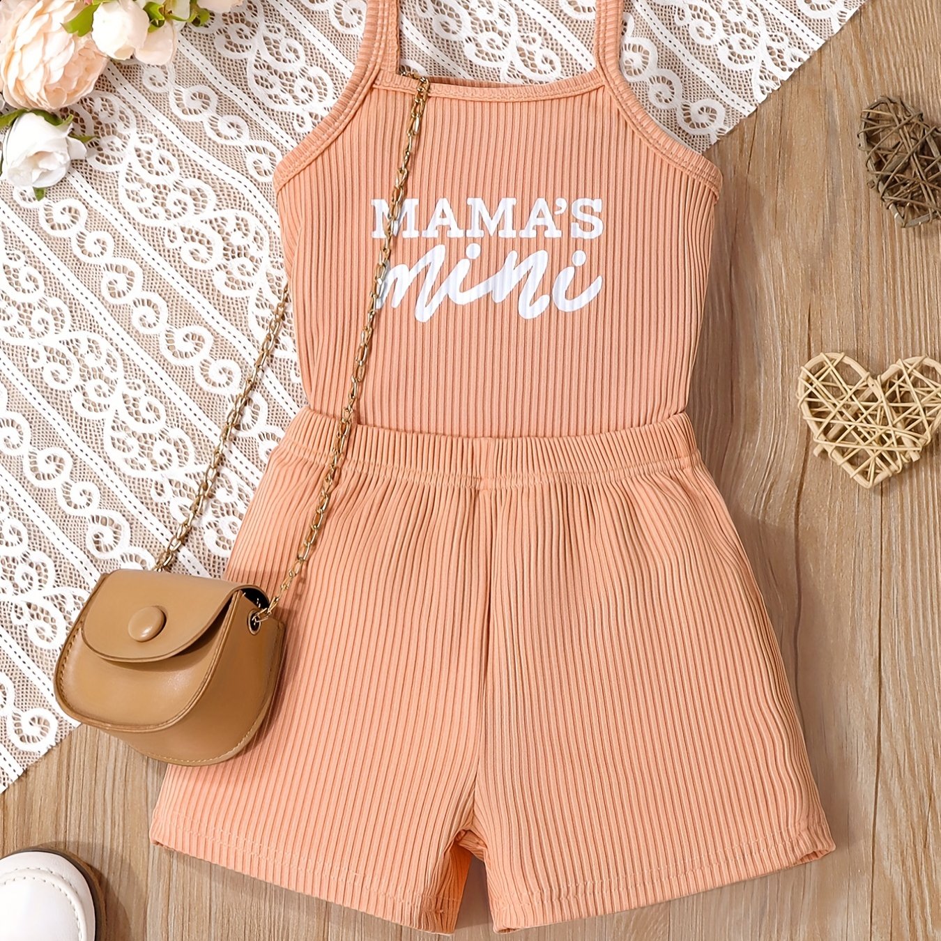 2pcs Toddler Girls Letter "MAMA'S MINI" Graphic Cami Top & Elastic Waist Shorts Set Kids Summer Outdoor Clothes