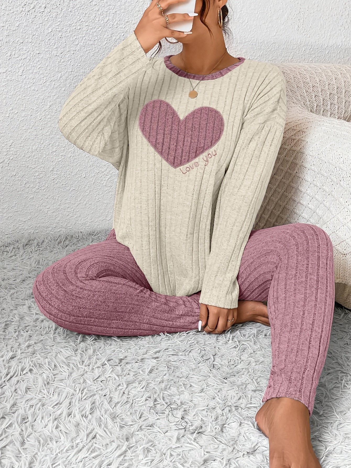 Plus Size Heart Fitted Long Sleeve And Long Pants Loungewear Set