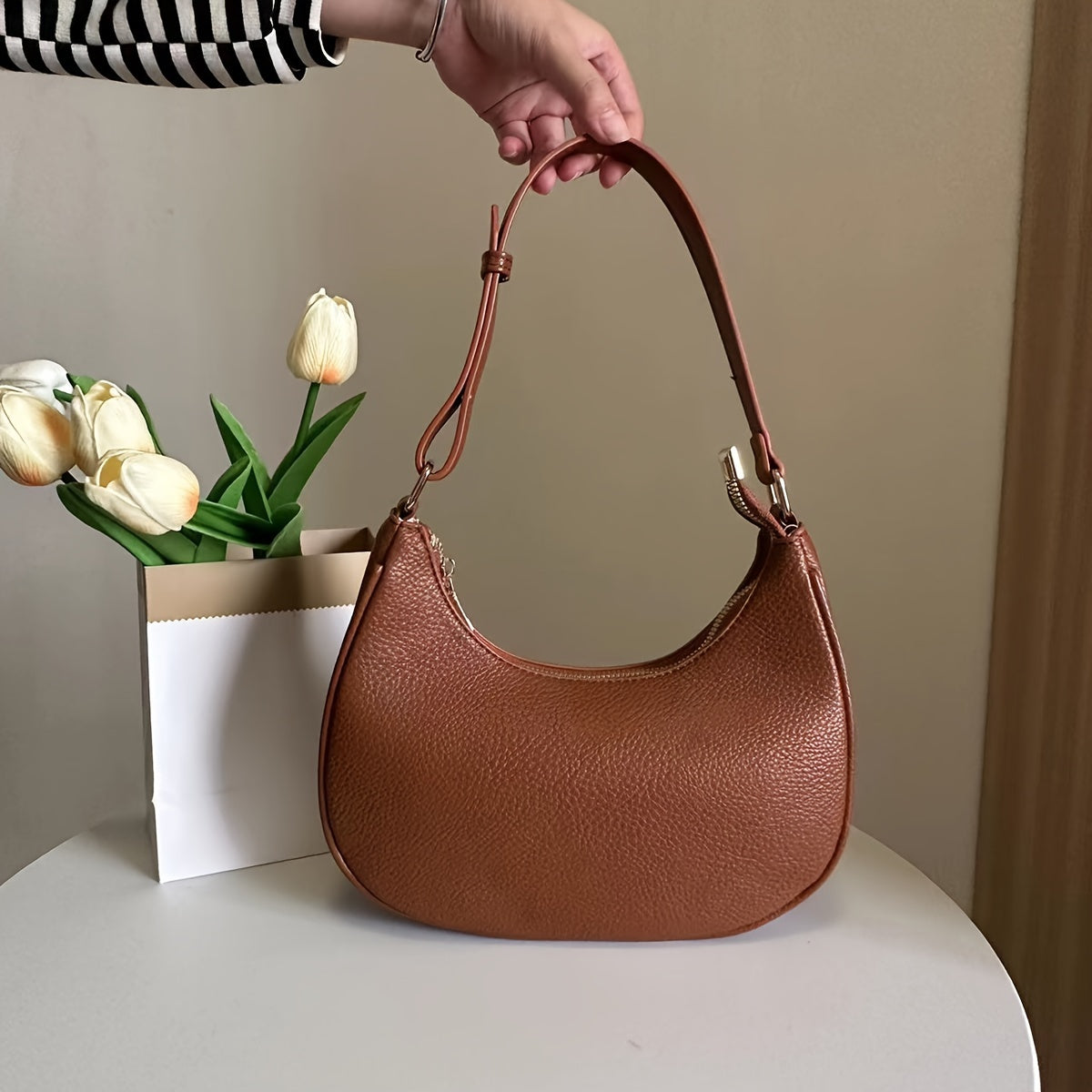 Sac baguette minimaliste à fermeture éclair, sac bandoulière uni, sac à bandoulière polyvalent