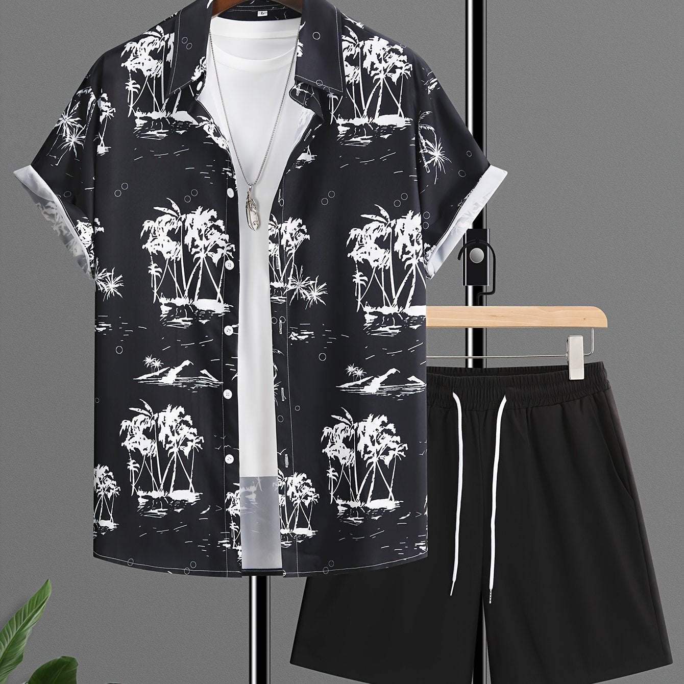 Coconut Trees, Men's 2pcs, Short Sleeve Graphic Print Button Up Shirt And Drawstring Shorts co ord set