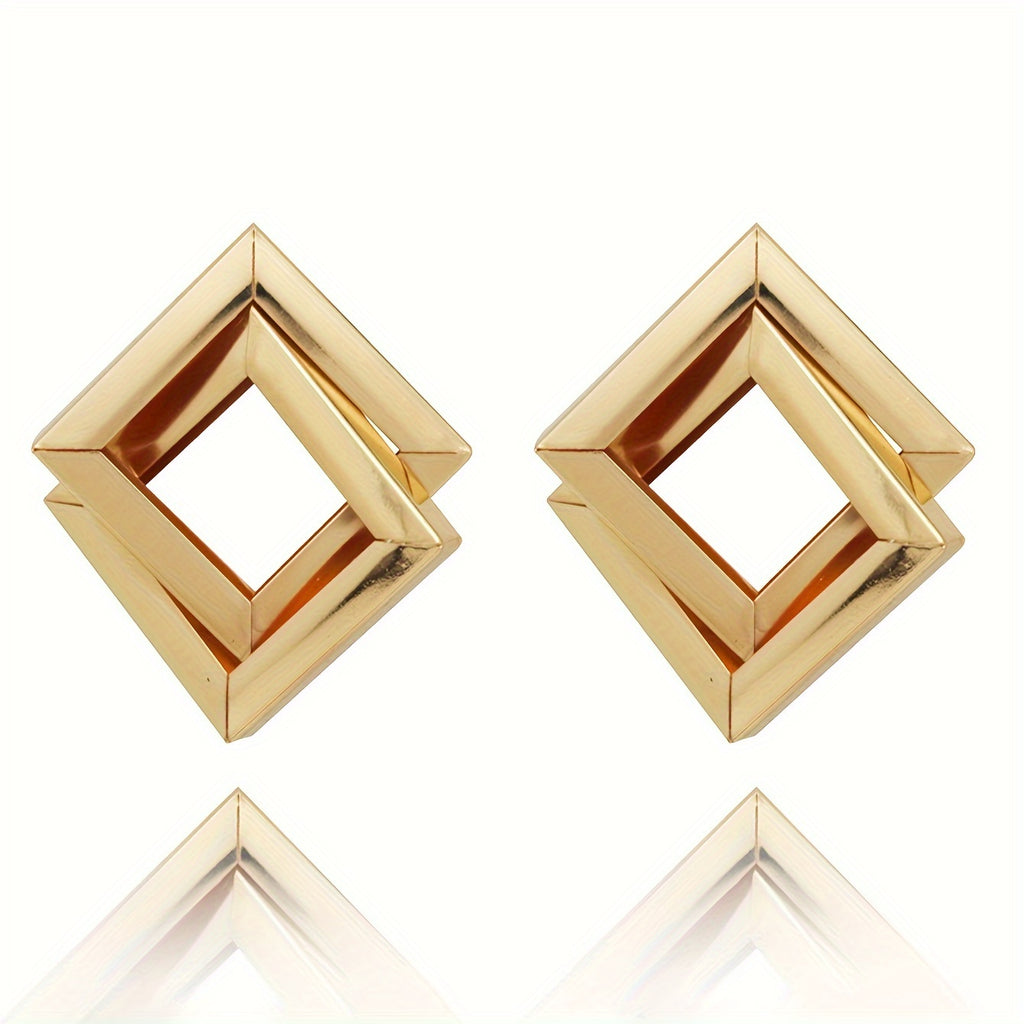 1 Pair Golden-Tone Multi-Layered Square & Irregular Geometric Statement Earrings - Chic Zinc Alloy Design for Daily Wear, Work, Travel, and Gifting