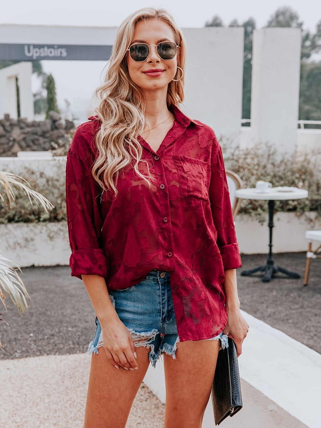 Chiffon V-neck Loose Lapel Blouses, Casual Button Down Long Sleeve Fashion Shirts Tops, Women's Clothing