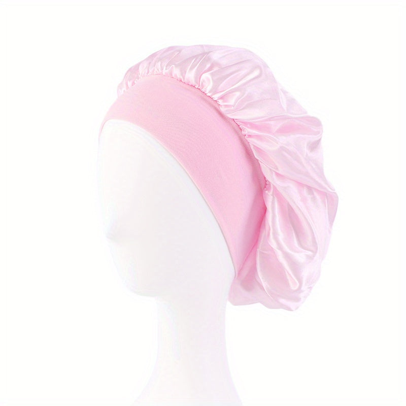 Solid Color Wide Elastic Band Satin Sleep Bonnet Soft Night Sleeping Cap For Women