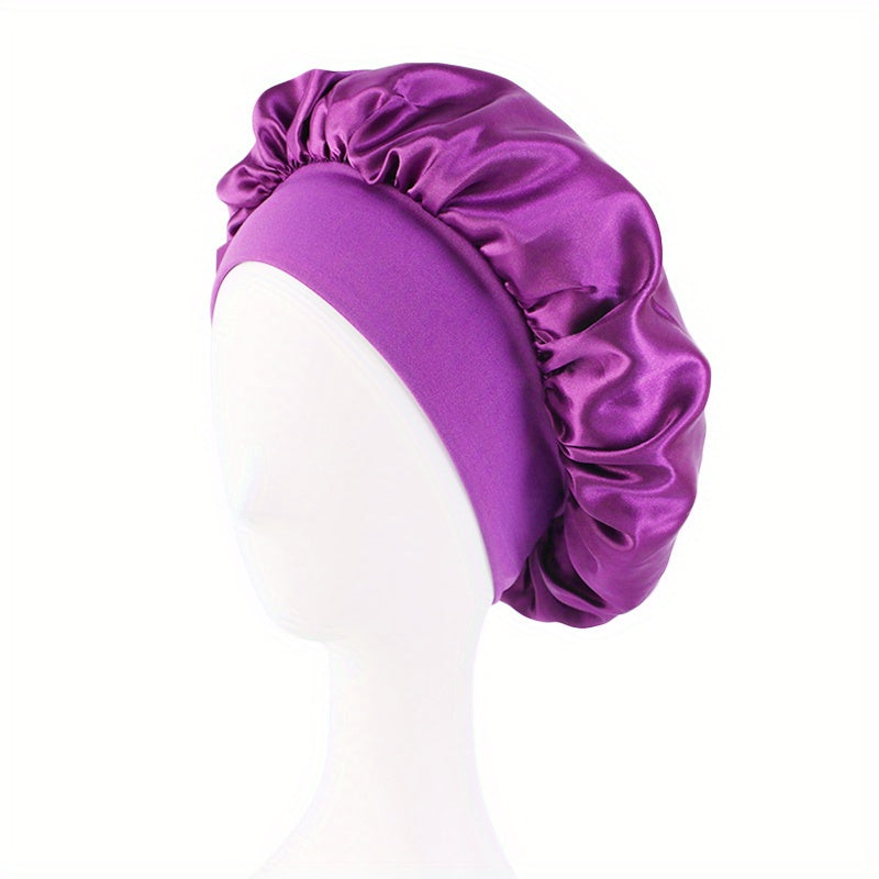 Solid Color Wide Elastic Band Satin Sleep Bonnet Soft Night Sleeping Cap For Women