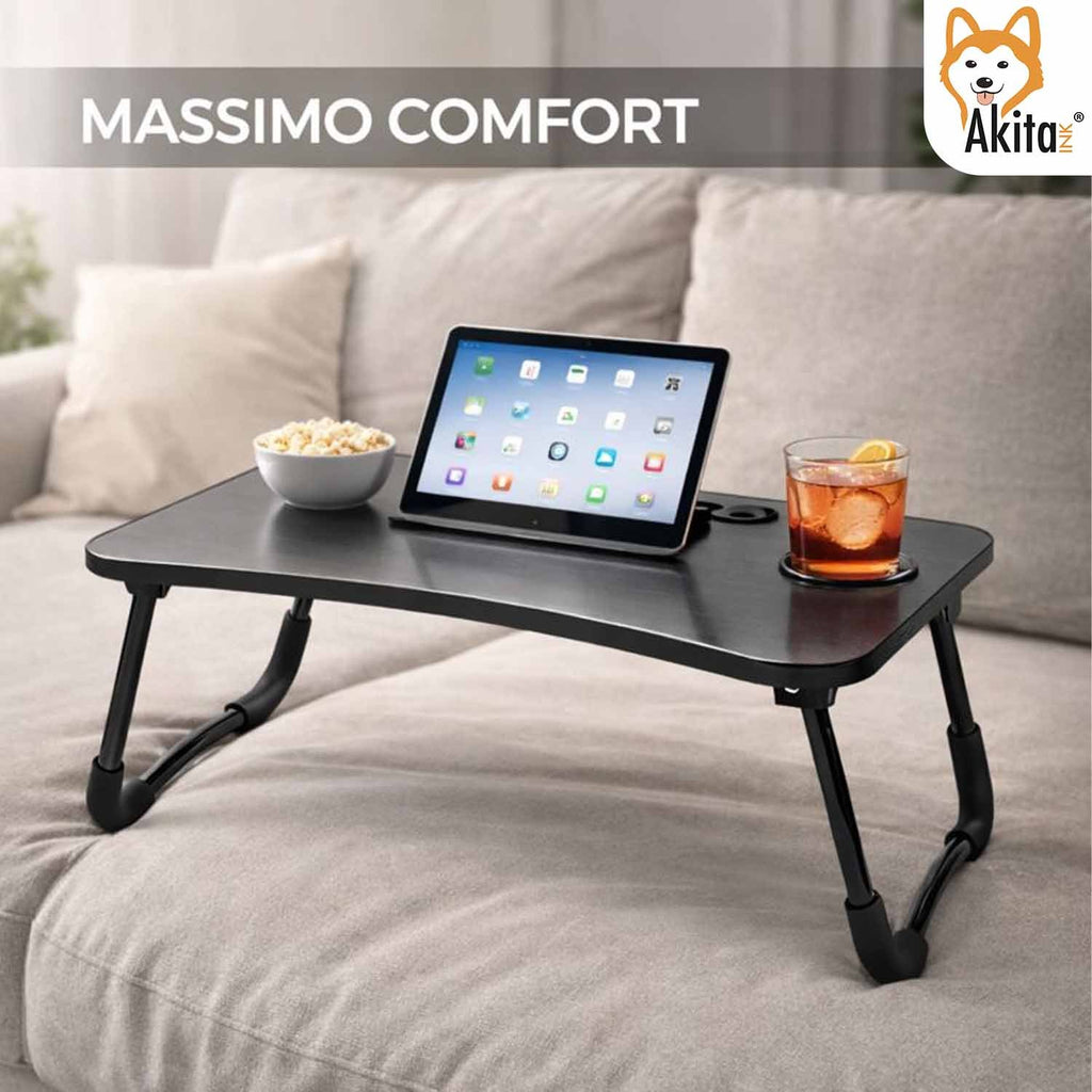 AkitaInk Foldable Desk Tray for PC - Portable Stand with Drawer and Cup Holder, Bedside and Sofa Table, Black, 60×40×26 cm