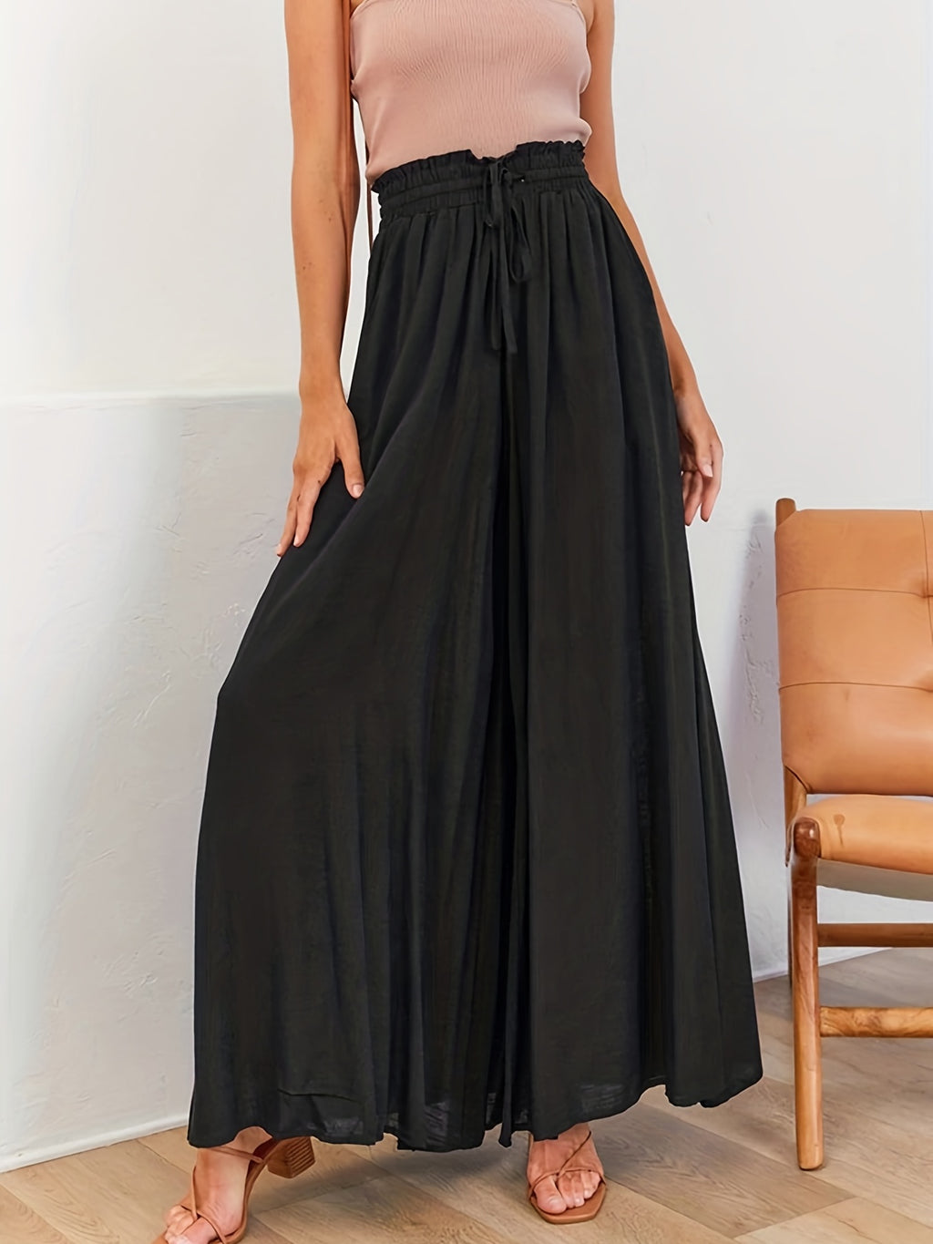 Boho Drawstring Wide Leg Pants, Casual Smocked Waist Elastic Palazzo Pants For Spring & Summer, Women's Clothing