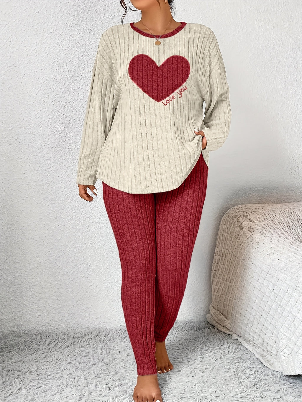 Plus Size Heart Fitted Long Sleeve And Long Pants Loungewear Set