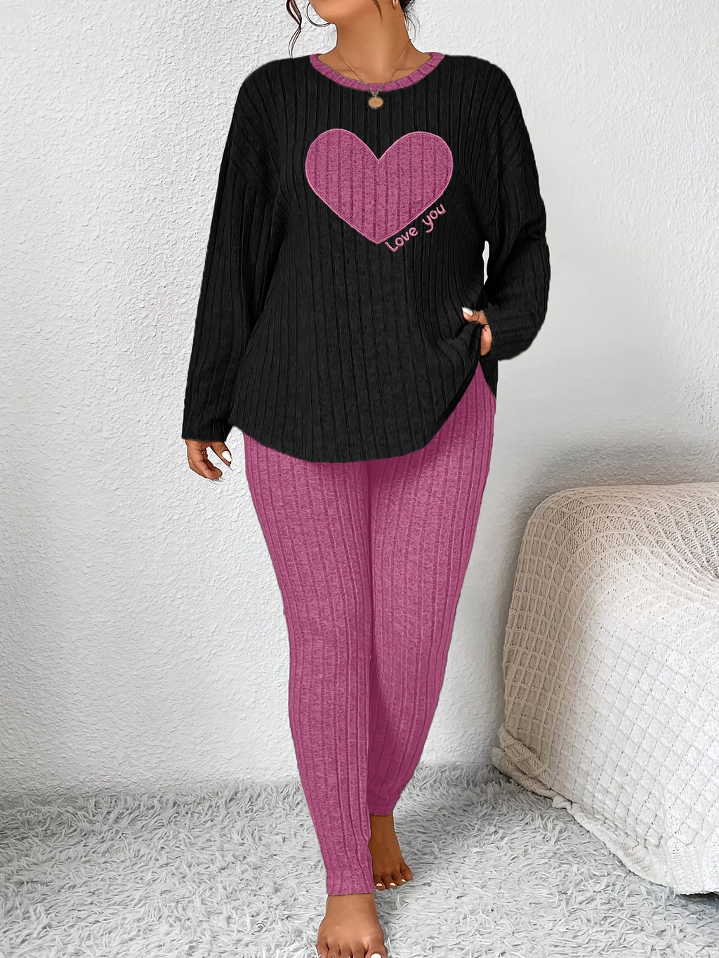 Plus Size Heart Fitted Long Sleeve And Long Pants Loungewear Set