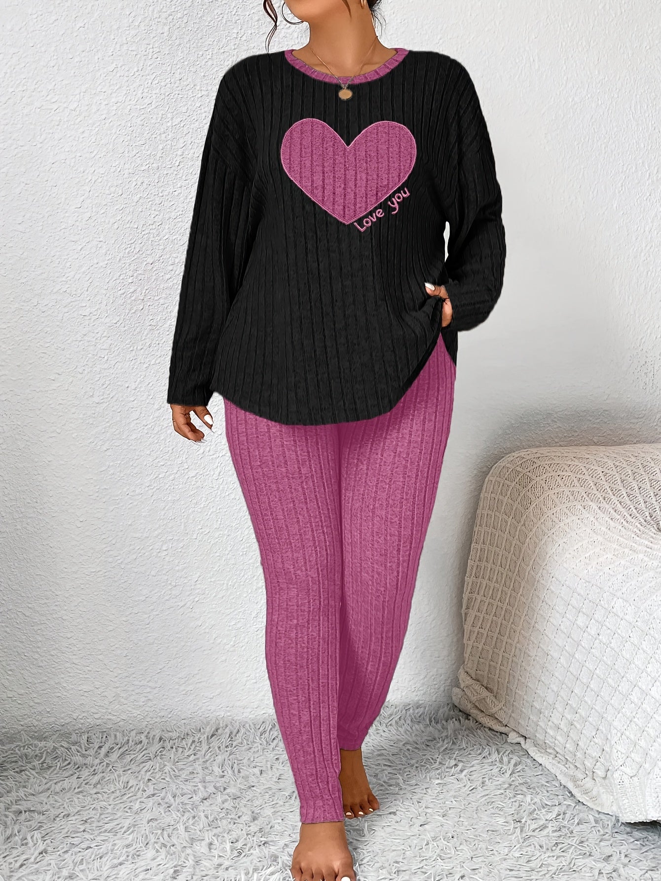 Plus Size Heart Fitted Long Sleeve And Long Pants Loungewear Set