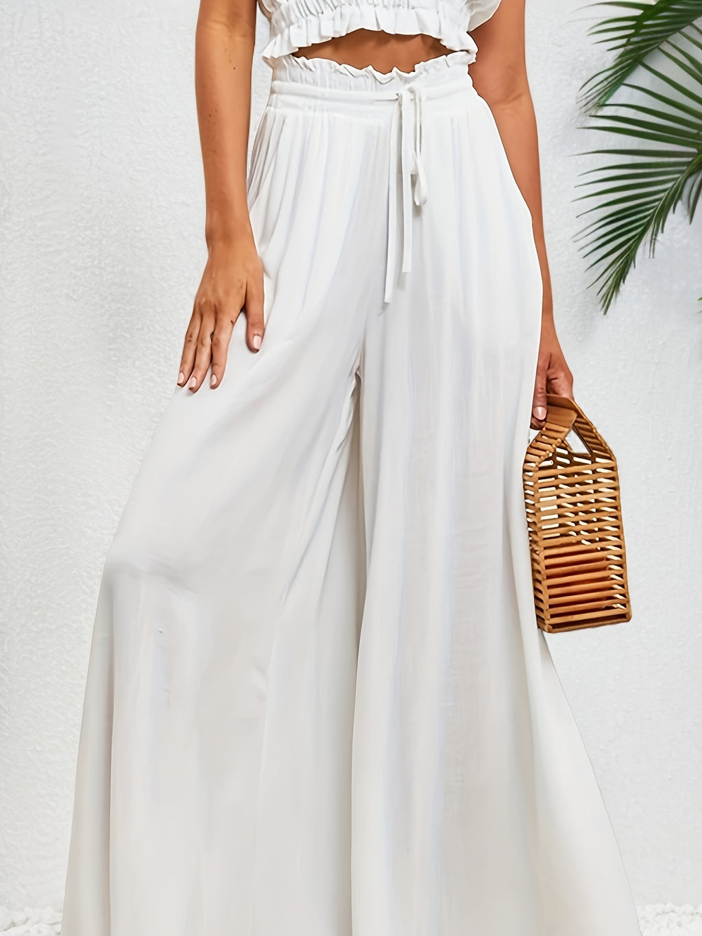 Boho Drawstring Wide Leg Pants, Casual Smocked Waist Elastic Palazzo Pants For Spring & Summer, Women's Clothing