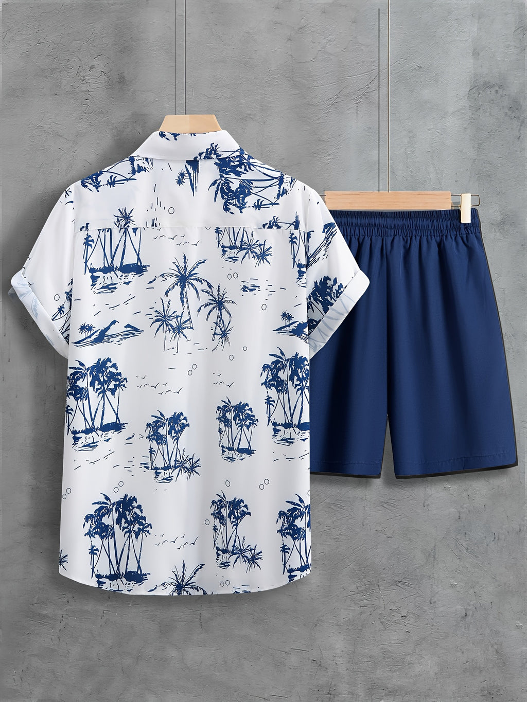 Coconut Trees, Men's 2pcs, Short Sleeve Graphic Print Button Up Shirt And Drawstring Shorts co ord set