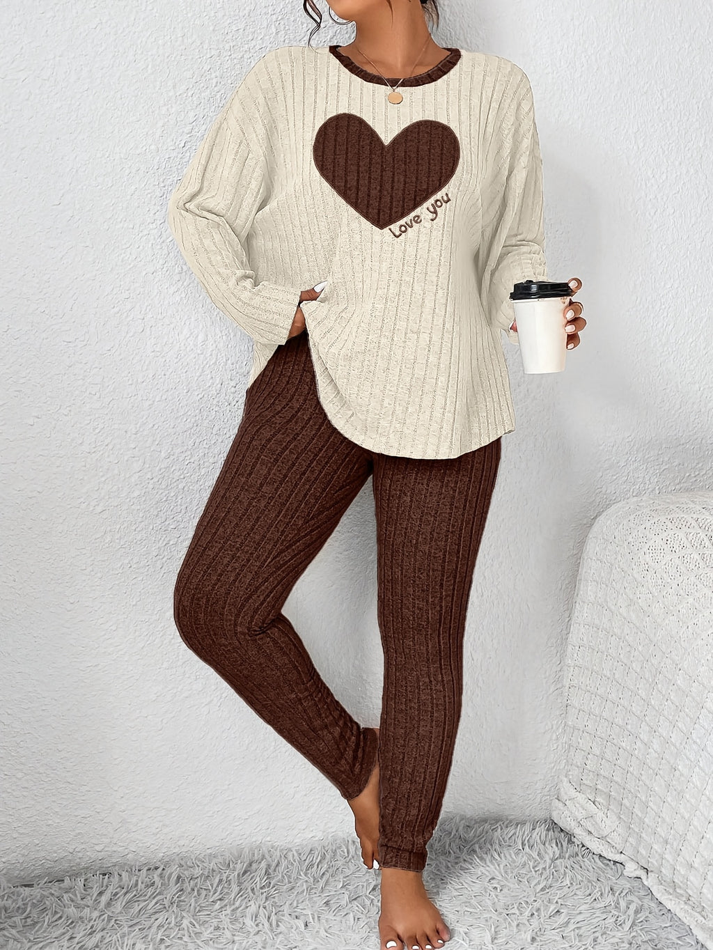 Plus Size Heart Fitted Long Sleeve And Long Pants Loungewear Set