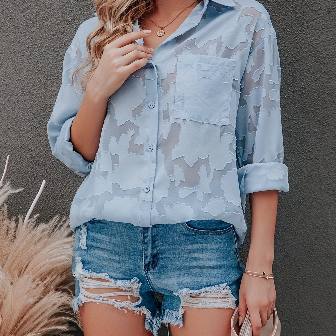 Chiffon V-neck Loose Lapel Blouses, Casual Button Down Long Sleeve Fashion Shirts Tops, Women's Clothing