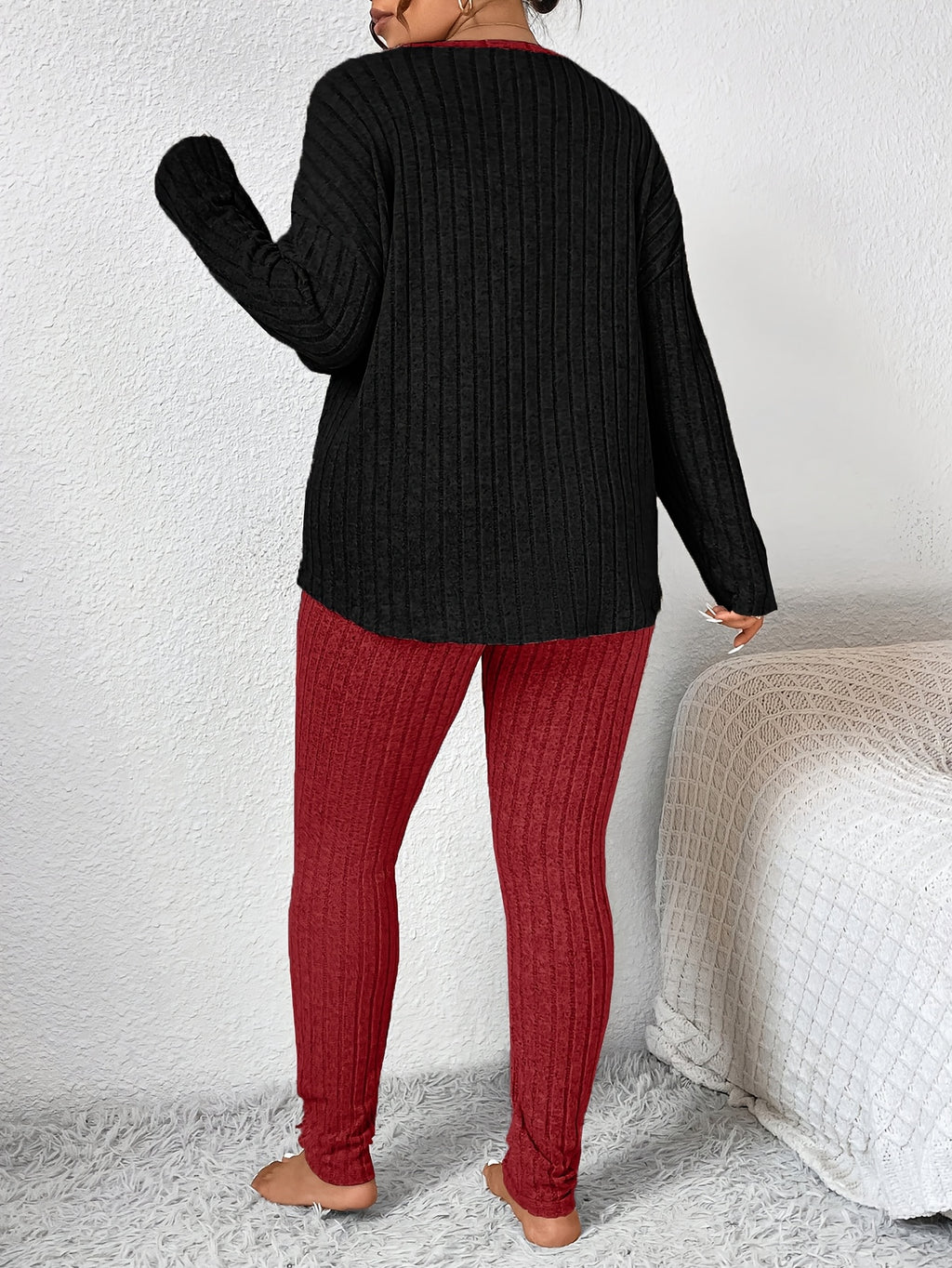 Plus Size Heart Fitted Long Sleeve And Long Pants Loungewear Set