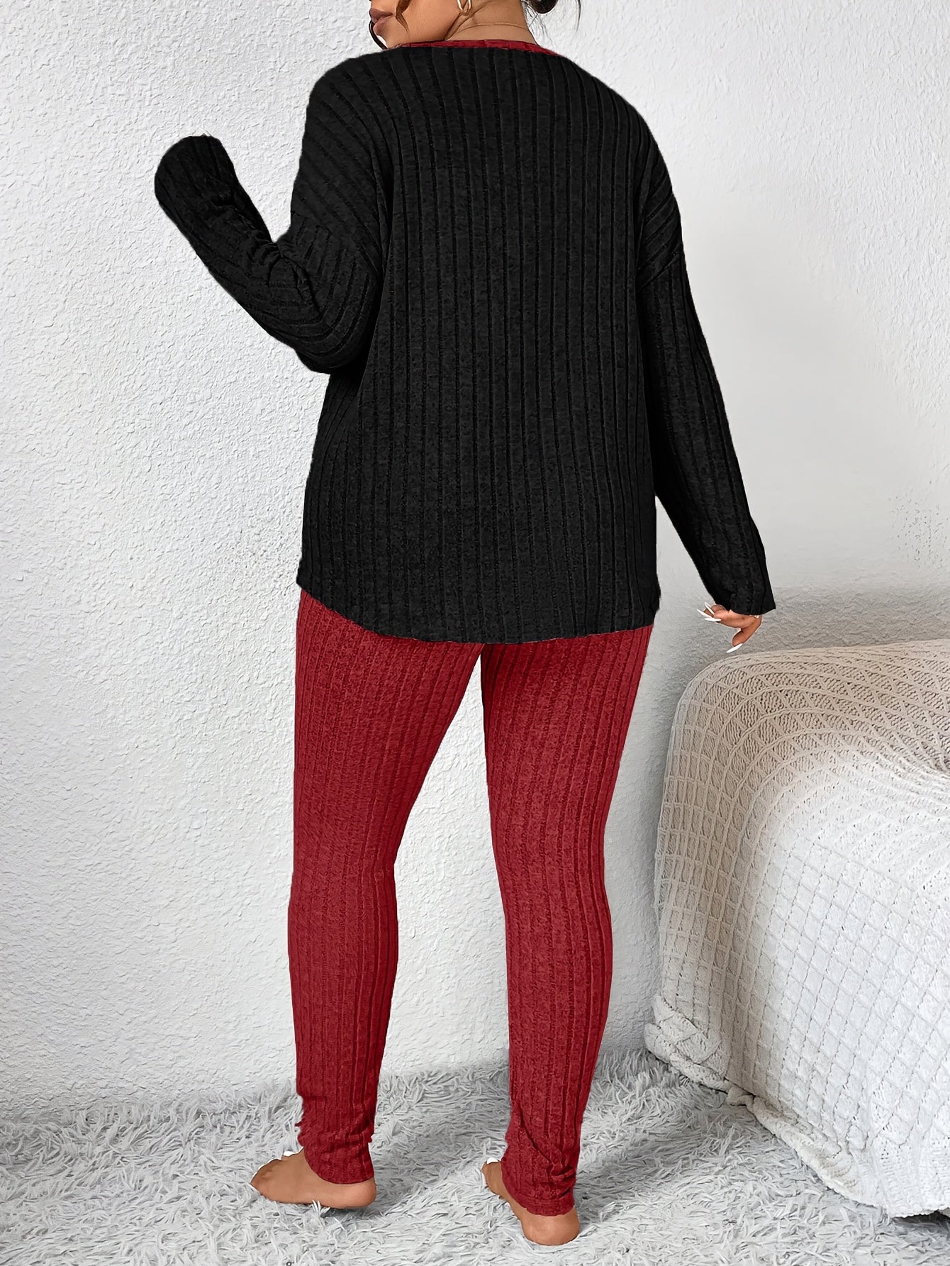 Plus Size Heart Fitted Long Sleeve And Long Pants Loungewear Set