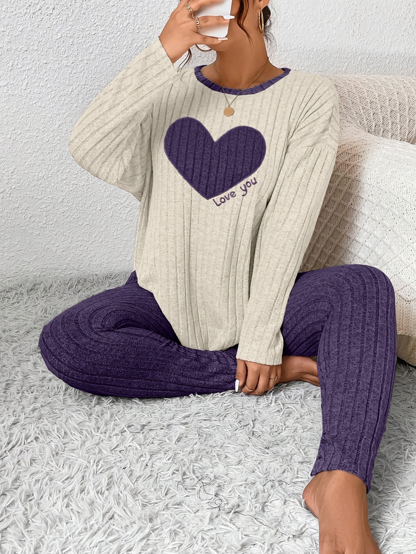 Plus Size Heart Fitted Long Sleeve And Long Pants Loungewear Set