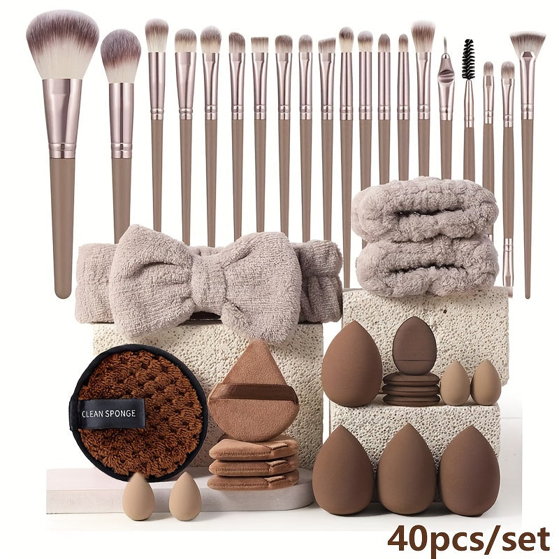 A 20/40pcs Makeup Tool Set with Various Specifications Available. The Large Set Includes (20 High-Quality Makeup Brushes + 1 Headband + 2 Wristbands + 1 Makeup Remover Puff + 4 Triangular Velour Puffs + 4 Finger Puffs + 4 Lar