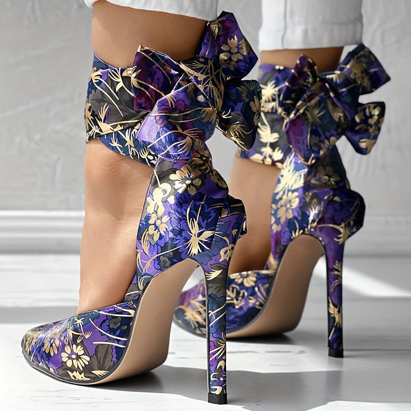 Women's Floral Printed Satin High Heels, Fashion Pointed Toe Lace Up D'Orsay Stiletto Sandals, Party & Dress Pumps