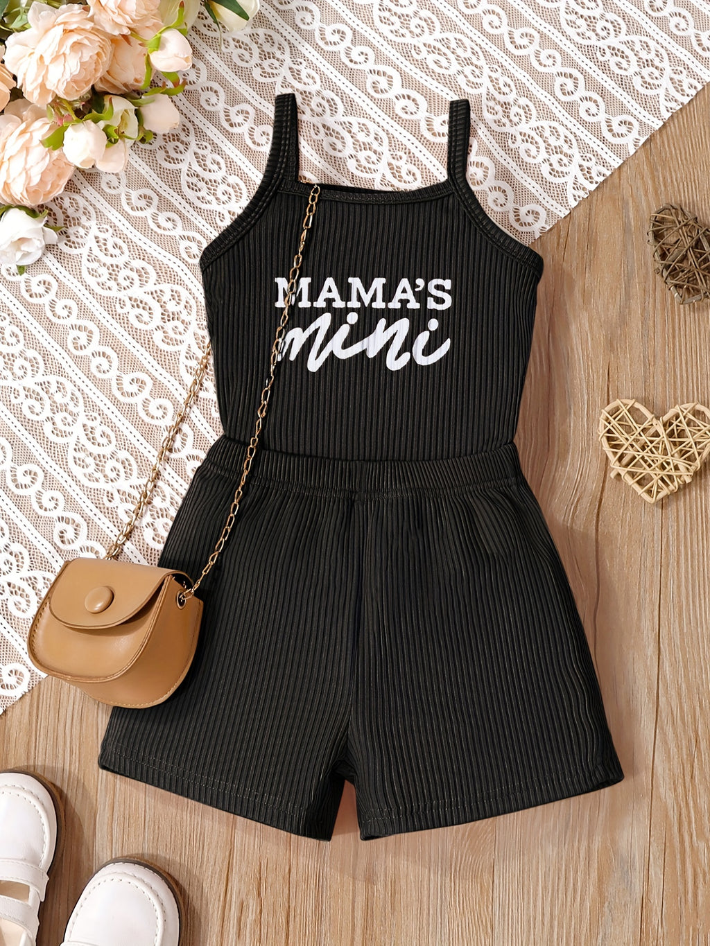 2pcs Toddler Girls Letter "MAMA'S MINI" Graphic Cami Top & Elastic Waist Shorts Set Kids Summer Outdoor Clothes