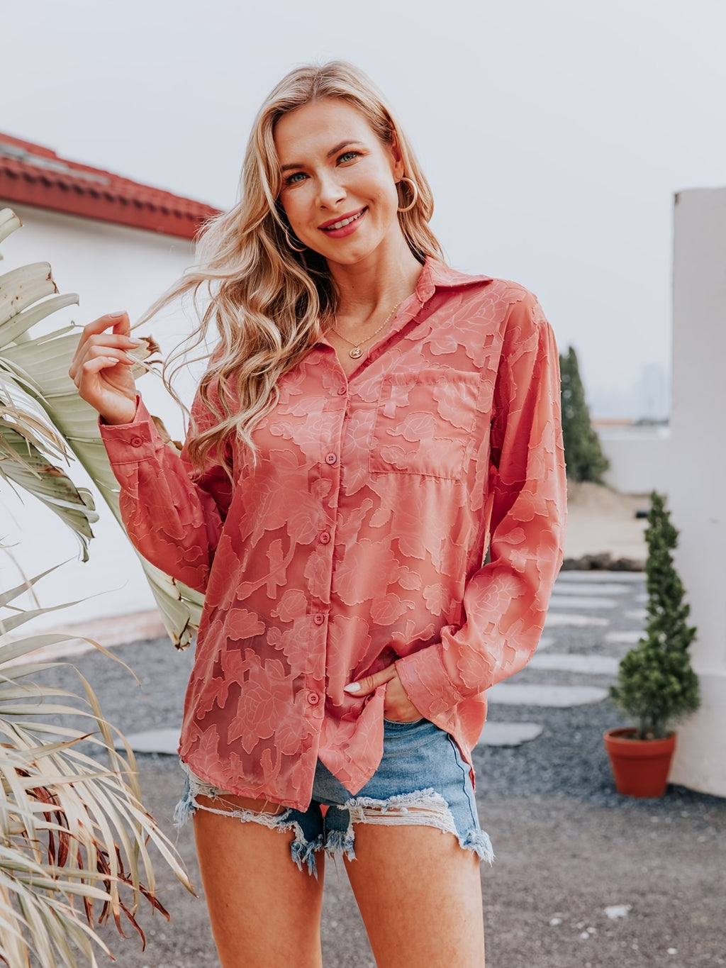 Chiffon V-neck Loose Lapel Blouses, Casual Button Down Long Sleeve Fashion Shirts Tops, Women's Clothing