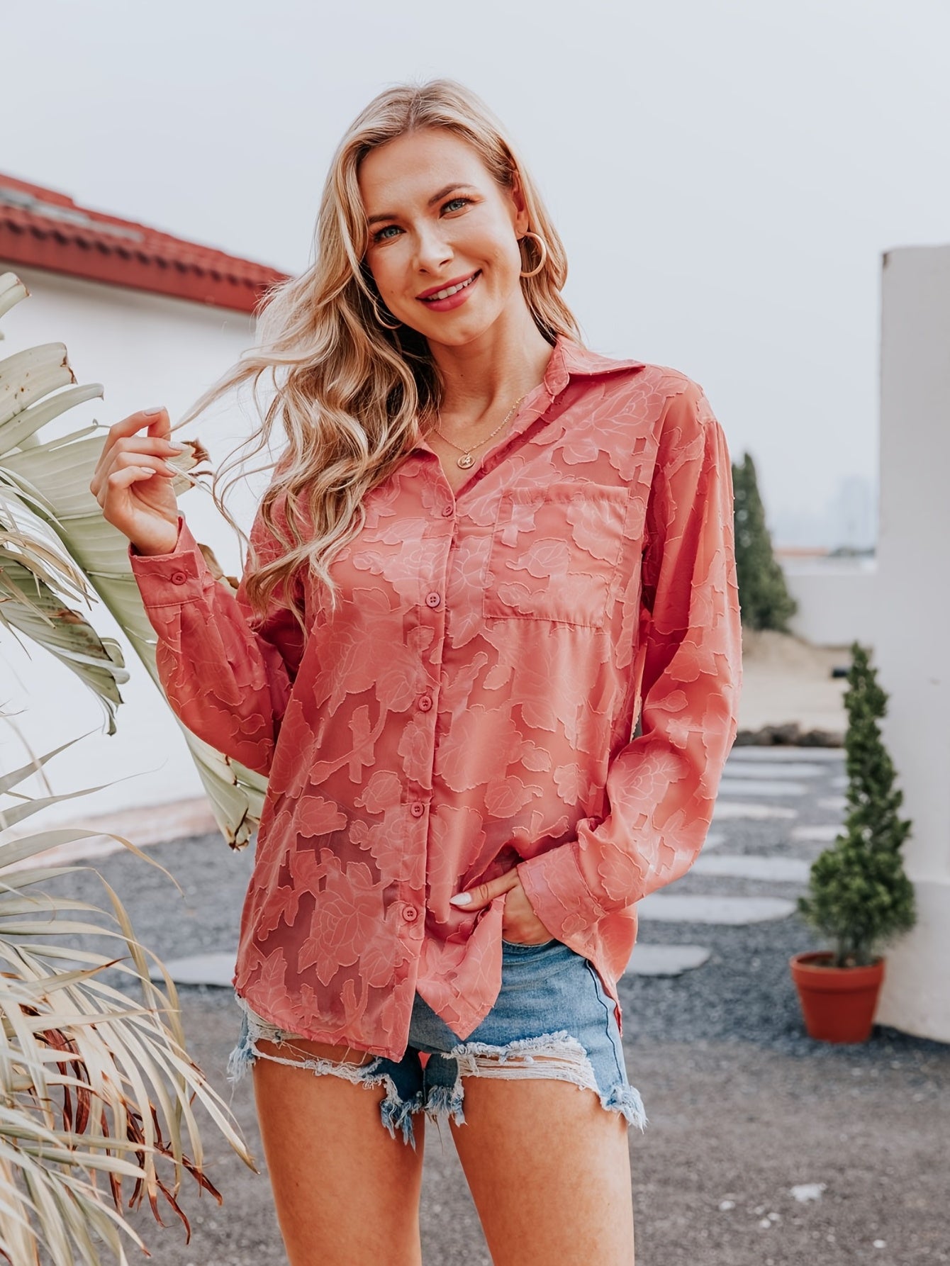 Chiffon V-neck Loose Lapel Blouses, Casual Button Down Long Sleeve Fashion Shirts Tops, Women's Clothing
