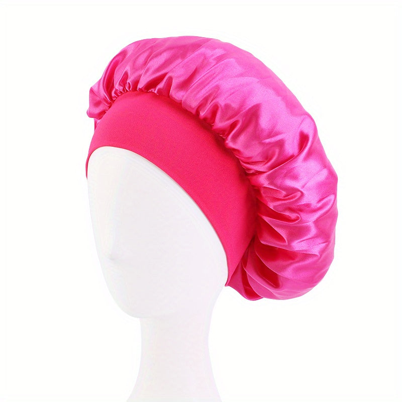 Solid Color Wide Elastic Band Satin Sleep Bonnet Soft Night Sleeping Cap For Women