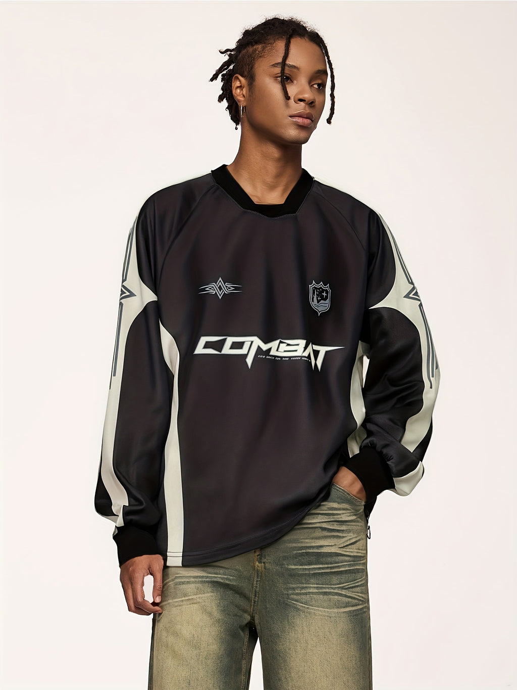 Men'S Casual Polyester Long Sleeve T-Shirt with "COMET" Print, Black & White Striped Design, Loose Fit, Sweetheart Neckline, Non-Stretch Fabric, Perfect for Spring, Summer, and Fall, Casual Wear | Sporty Casualwear | Polyeste