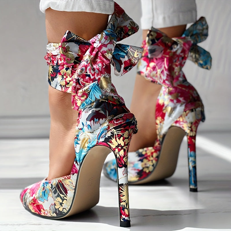 Women's Floral Printed Satin High Heels, Fashion Pointed Toe Lace Up D'Orsay Stiletto Sandals, Party & Dress Pumps