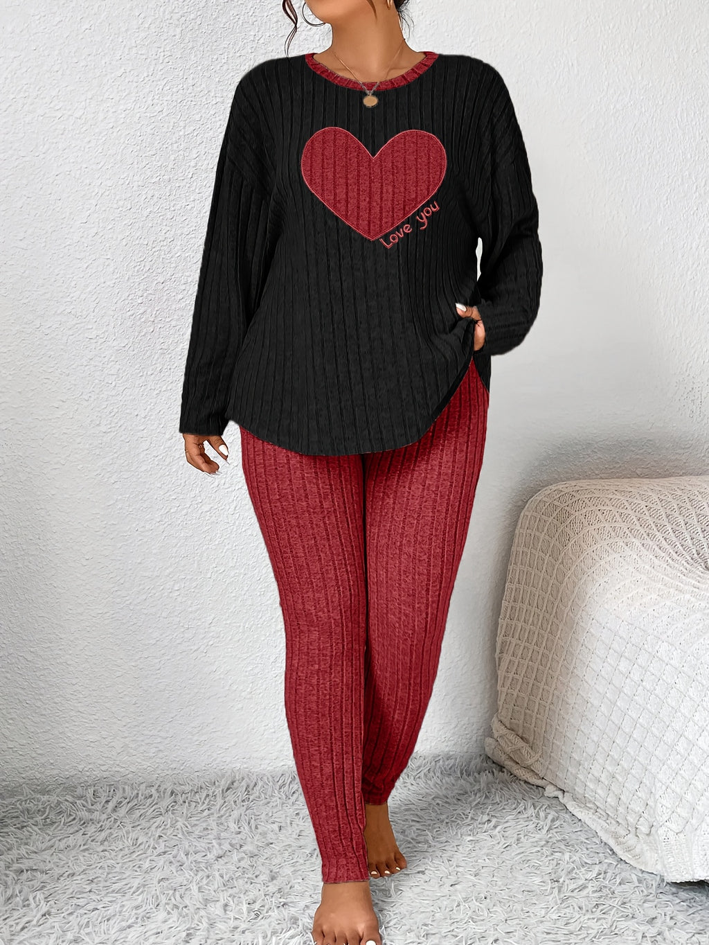 Plus Size Heart Fitted Long Sleeve And Long Pants Loungewear Set