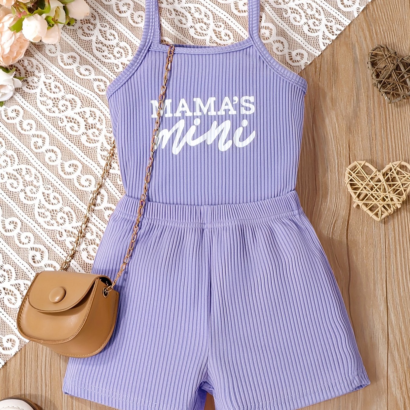 2pcs Toddler Girls Letter "MAMA'S MINI" Graphic Cami Top & Elastic Waist Shorts Set Kids Summer Outdoor Clothes