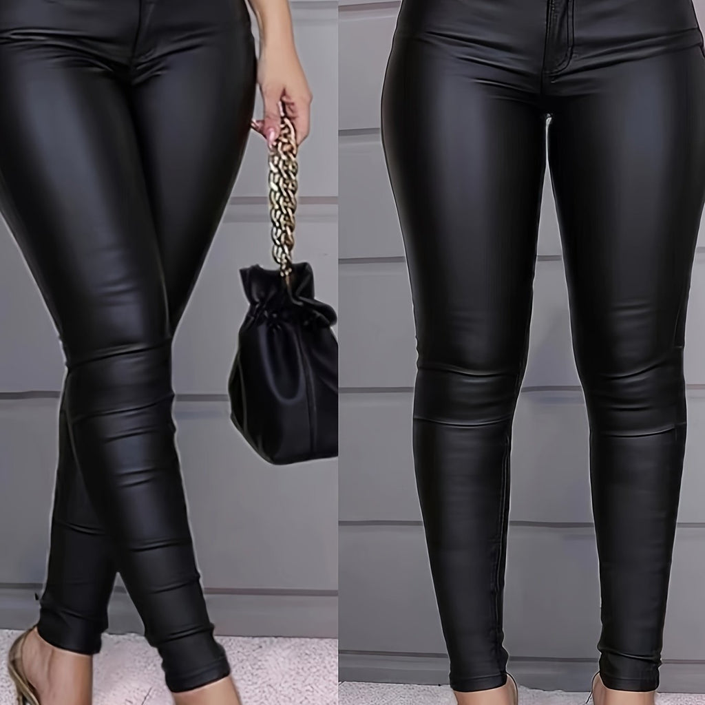 Women's High-Elastic Coated Skinny Jeans - Street Style, Stretch Denim with Glossy Finish, Mid-Rise, Button Closure, Long Length, Versatile for All Seasons