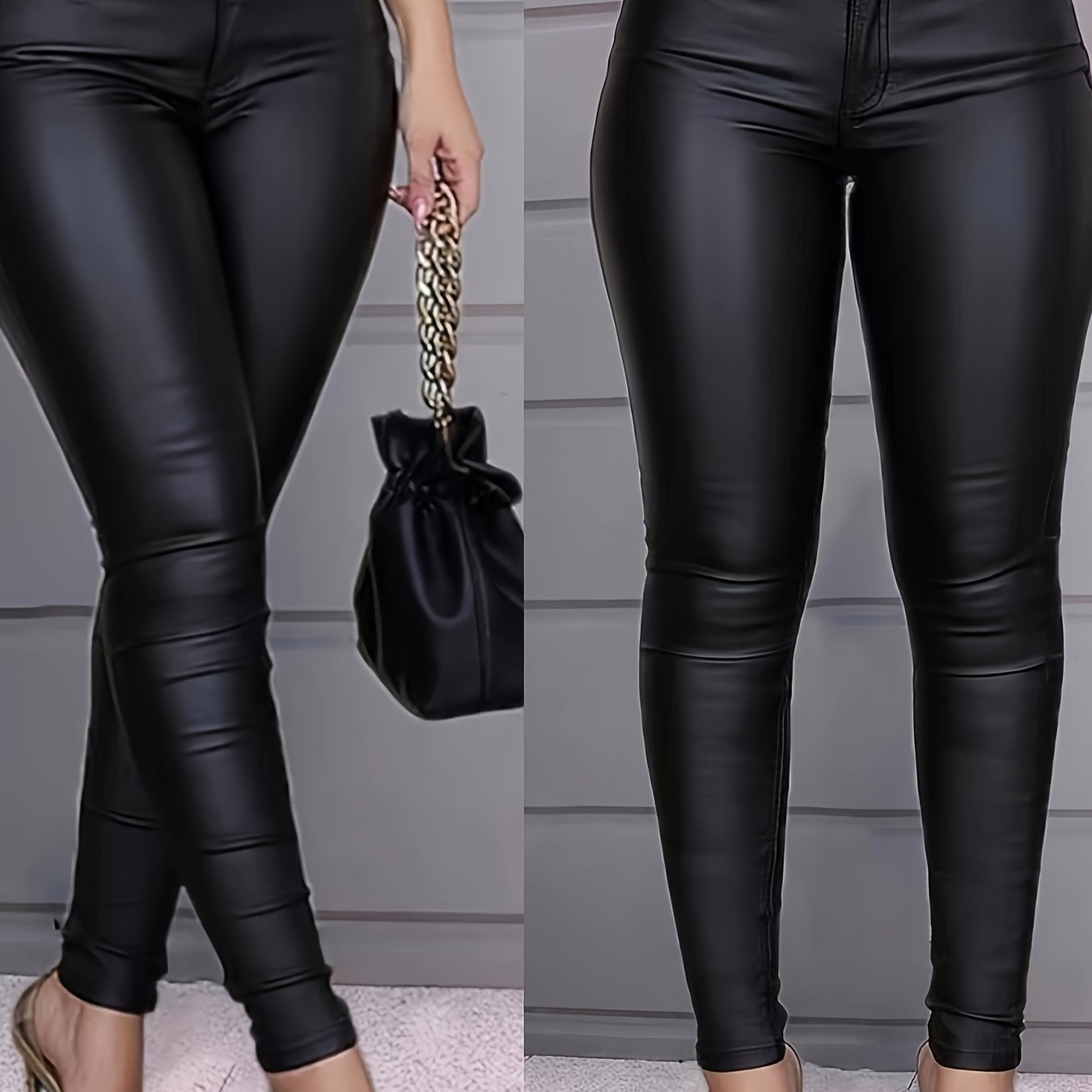 Women's High-Elastic Coated Skinny Jeans - Street Style, Stretch Denim with Glossy Finish, Mid-Rise, Button Closure, Long Length, Versatile for All Seasons