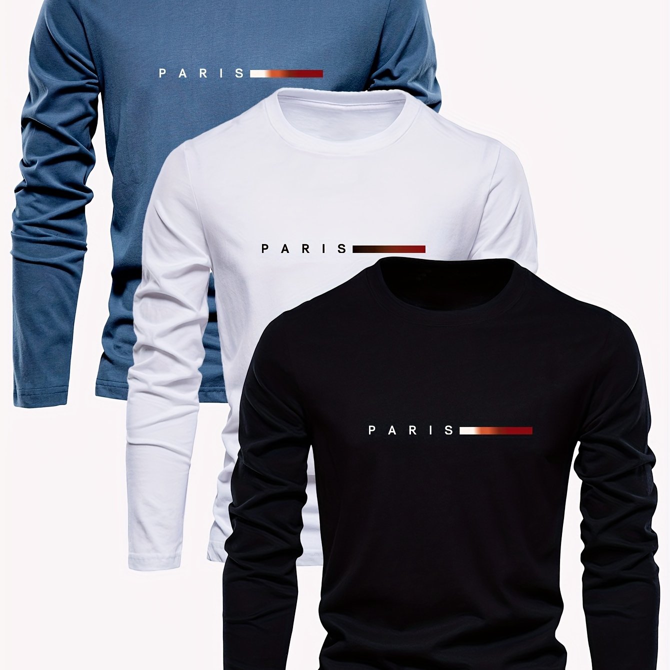 3pcs Men's 100% Cotton Long Sleeve T-Shirts with Lettered Applique Logos - Round Neck Casual Streetwear, Spring/Fall Wardrobe in Breathable Fabric for Casual Attire (3pcs Pack)