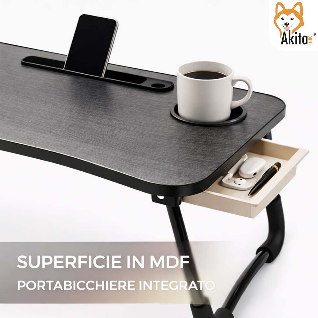 AkitaInk Foldable Desk Tray for PC - Portable Stand with Drawer and Cup Holder, Bedside and Sofa Table, Black, 60×40×26 cm