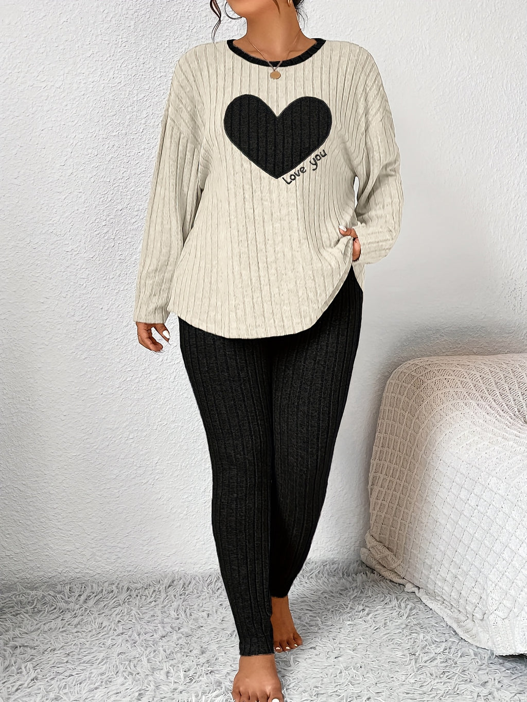 Plus Size Heart Fitted Long Sleeve And Long Pants Loungewear Set