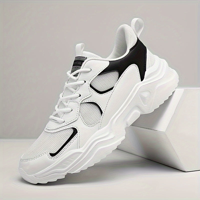 Men's Breathable Mesh Chunky Sneakers - White & Teal Casual Sneakers with EVA Sole, Lace-Up Design for All Seasons
