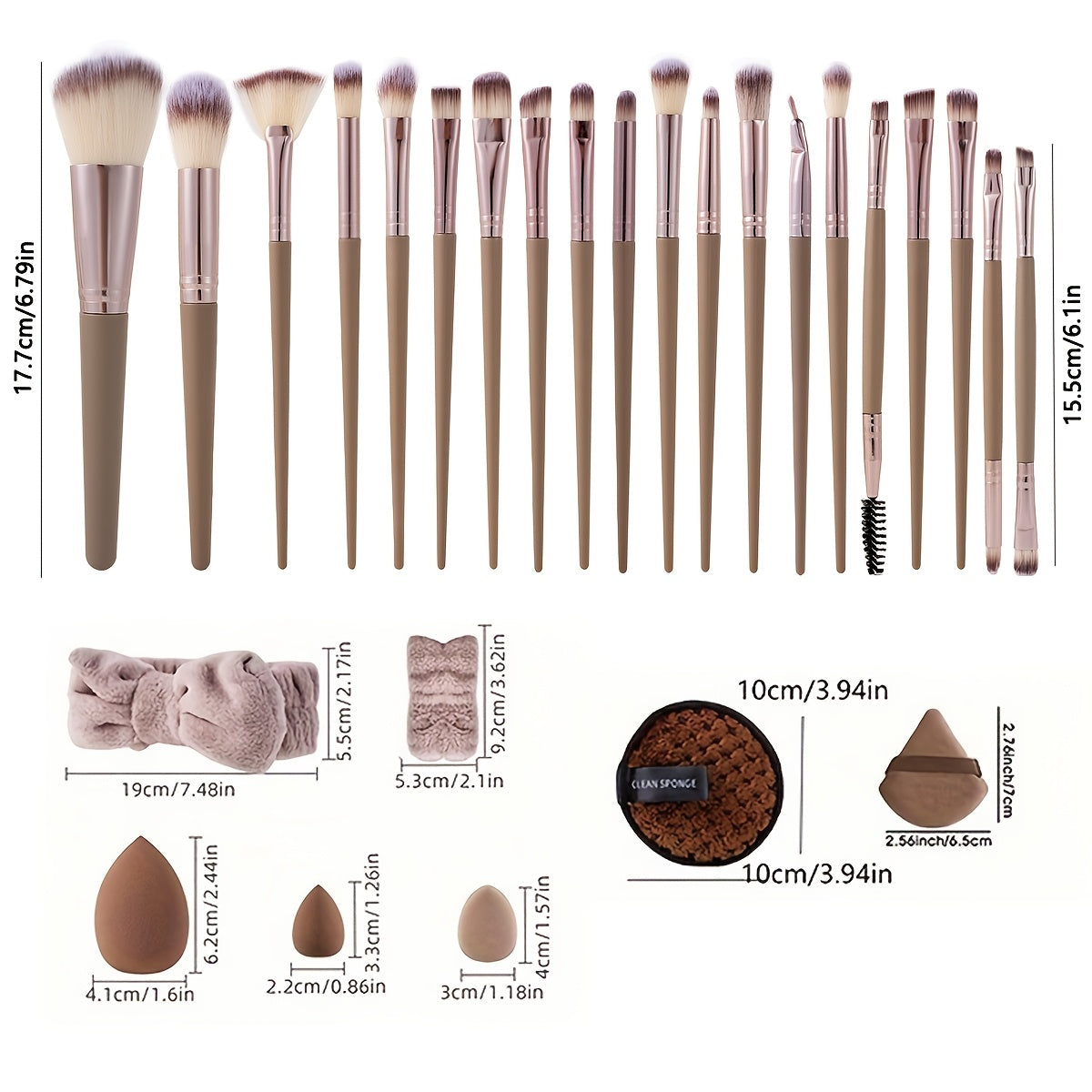 A 20/40pcs Makeup Tool Set with Various Specifications Available. The Large Set Includes (20 High-Quality Makeup Brushes + 1 Headband + 2 Wristbands + 1 Makeup Remover Puff + 4 Triangular Velour Puffs + 4 Finger Puffs + 4 Lar