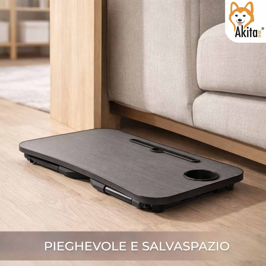 AkitaInk Foldable Desk Tray for PC - Portable Stand with Drawer and Cup Holder, Bedside and Sofa Table, Black, 60×40×26 cm