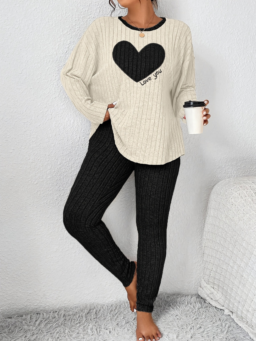 Plus Size Heart Fitted Long Sleeve And Long Pants Loungewear Set