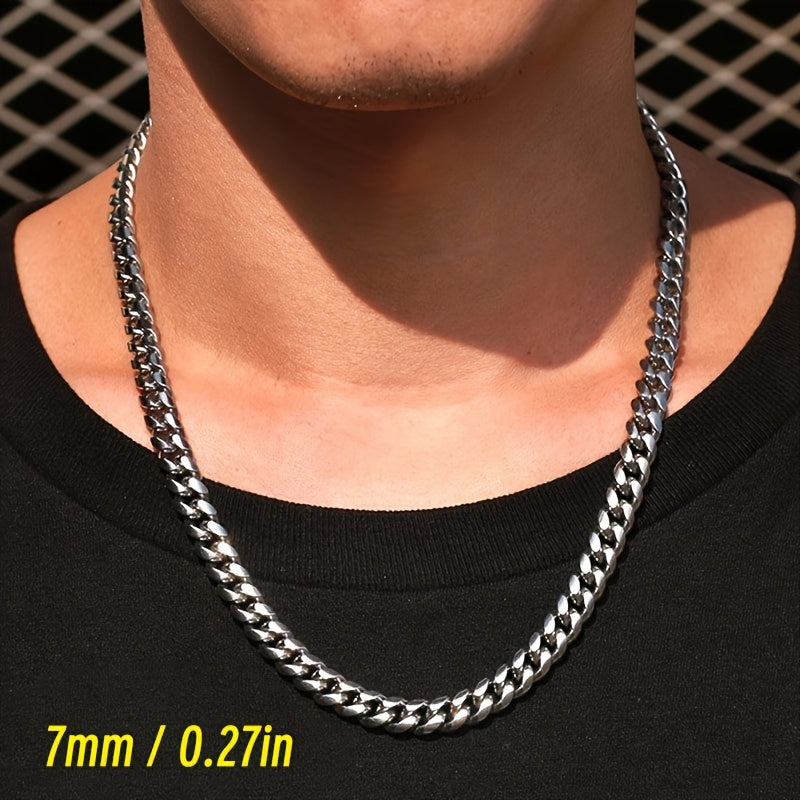 3mm 5mm 7mm Wide Stainless Steel Cuban Link Chain Necklace - Punk Rock Style Unisex Adjustable 16/20/24 Inch Edgy Jewelry for Men & Women, Durable Choker for Casual & Formal Wear, Bold Design, Polished Finish, Fashion Enthusi